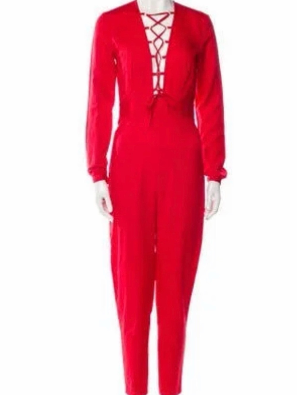 Women’s Red Lace-Up V-Neck Long Sleeve Jumpsuit